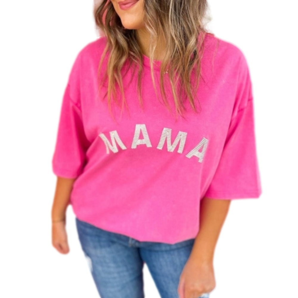 Oversized Pink “MAMA” Tee | Rhinestone Sparkle | Comfy & Cute